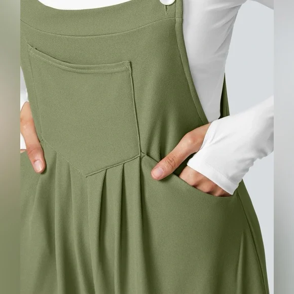 Halara Adjustable Strap Button Multiple Pockets Waffle Casual Overalls Green - Picture 6 of 10